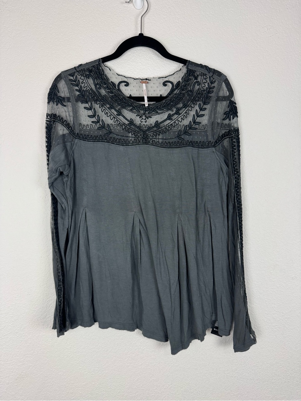 Free People Grey Gray Long Sleeve Lace Sheer Detail Top Boho Bohemian Western